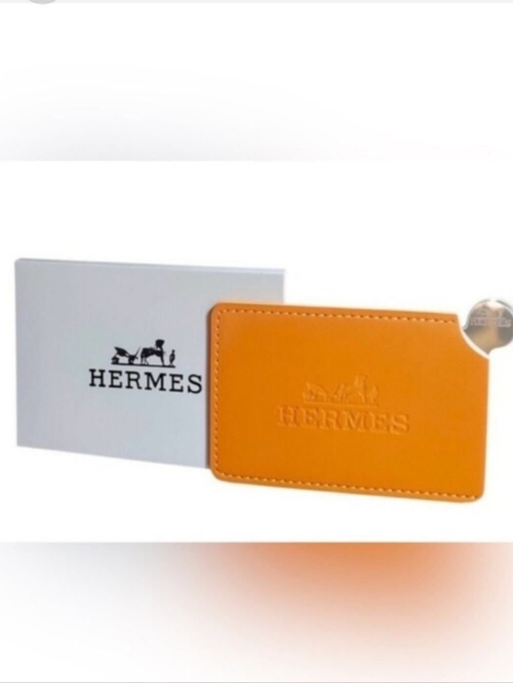 Hermes Orange Leather Card Holder & Mirror NWOT